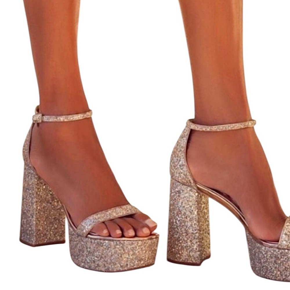 Badgley Mischka Party Silver Glitter Sparkly Platform Heels Sandals Size 7‎